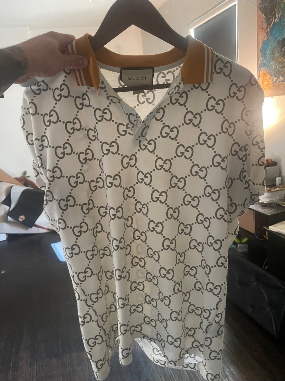 Gucci White Polo with Brown GG Monogram and Mustard Collar